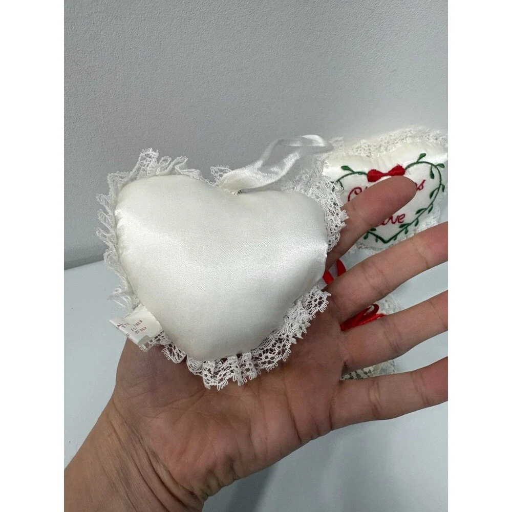 1985 Lot Russ Berrie White Satin Christmas Embroidery Ornaments Country Decor